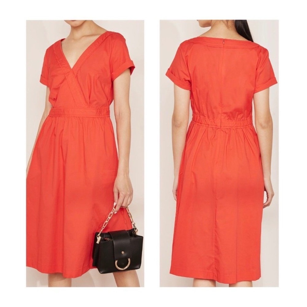 J.Crew Red Cotton Faux Wrap Midi Dress Short Sleeve Pockets J5049 Womens 12